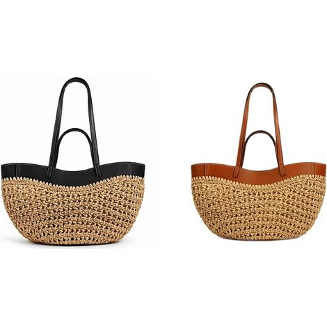 À main fourre-tout tissé spacieux avec de longues poignées, fourre-tout à texture de paille avec bordure structurée pour les courses quotidiennes et les voyages, fourre-tout en paille tissée (1/5)