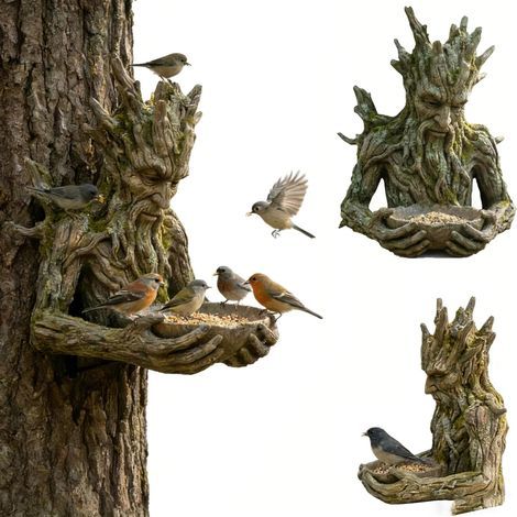 Millennial - Mangeoire pour oiseaux anciens - Pour l'extérieur - Décoration de visage d'arbre, mangeoire pour oiseaux, sculptures d'arbre anciennes, mangeoire pour oiseaux sauvages montées (A) (1/5)