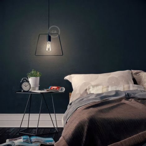 Lampada a sospensione Made in Italy completa di cavo tessile, paralume Duedì Base e finiture in metallo  Senza lampadina - Nero - Matter ON/OFF