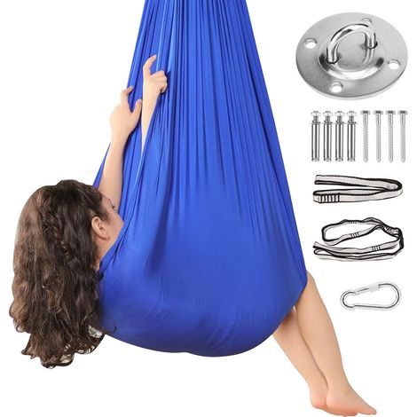 Trona sensorial con accesorios: silla colgante y columpio de yoga. Para interior y exterior. 150 x 280 cm. Azul.