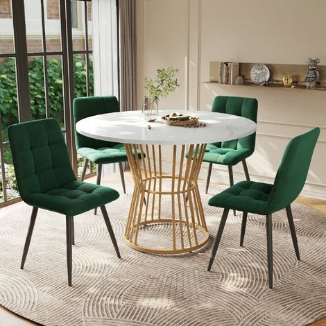 Ensemble table à manger 5 pièces, MDF blanc, métal doré, chaises velours vert