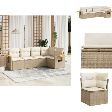 5-tlg. Garten-Sofagarnitur mit Kissen Beige Poly Rattan - Gartensorgsgarnitur - Outdoor Möbel - Lounge Set - Rattan Gartenmöbel - Gartenlounge (1/5)