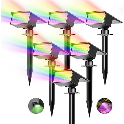6 Pack RGB Solar Lights for Outdoor IP65 800lm 2 in 1 Mount Solar Garden Lights for Trees Outdoor Plants Yard (1/5)
