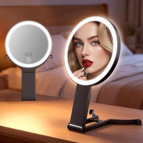 Miroir grossissant lumineux x30/x1, Miroir de maquillage LED double face (1/5)
