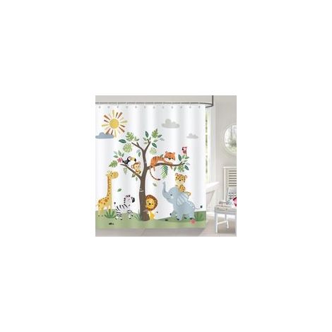 Rideau de douche pour enfants, girafe, éléphant, lion, safari, décoration de salle de bain, 180 x 180 cm, rideau de bain imperméable en polyester avec 12 crochets (1/5)