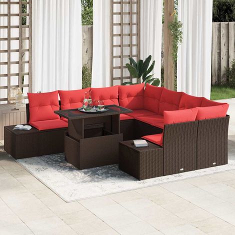 vidaXL Gartensofa-set mit Kissen 9 pcs Braun und Rot Poly-Rattan (1/5)