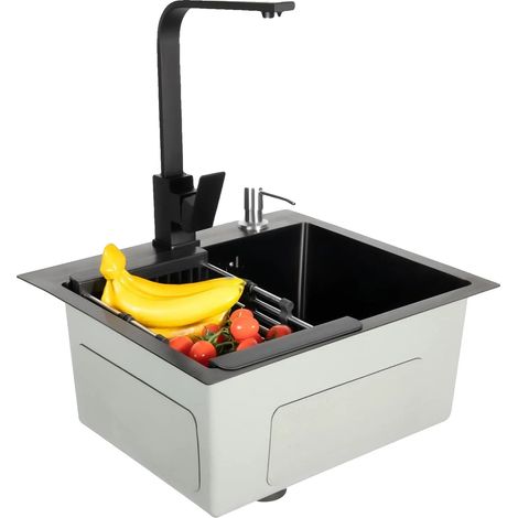 Meuble sous évier, Acier inoxydable, Évier simple, noir (1/2)