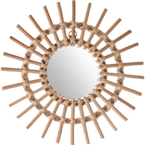 Atmosphera – Miroir soleil rotin 30 cm – Cadre tressé en rotin et verre – Décoration intérieure moderne – Installation murale facile