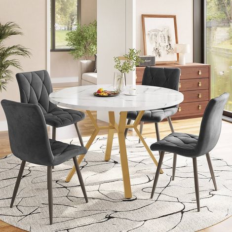 Ensemble de salle à manger 100 cm avec table ronde effet marbre et 4 chaises ergonomiques en velours gris (1/5)