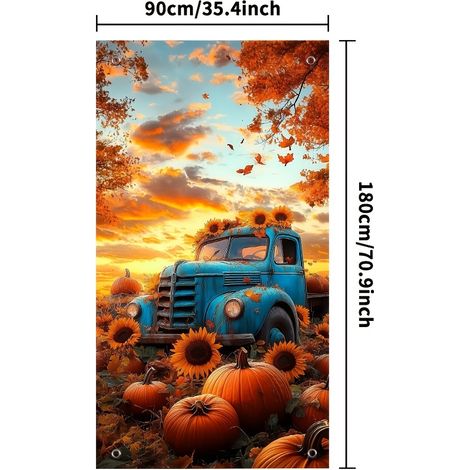 Bannière décorative extérieure automne 2026, motif citrouille et tournesol, ambiance festive - 90 x 180 cm (avec perforation et ruban) - 12 pièces