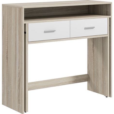 Console extensible 2 niveaux, rails coulissants, 2 tiroirs, 2 roulettes, 95x35x87 cm, chêne