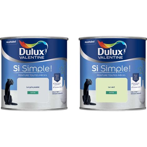 Dulux Valentine Peinture Si Simple Lot de 2 Peinture Intérieure Toutes Pièces Satin - Peinture Murs et Plafonds, Portes et Plinthes - Couleurs : Le Gris Pastel & Le Vert 0,5 L (1/5)