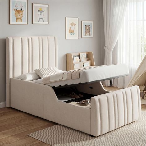 Lit rembourré hydraulique enfant 90x200 cm, avec tête de lit lin beige, rangement intégré