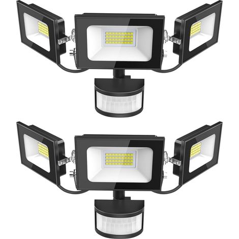 Projecteur LED Détecteur de Movement - 100W 10000LM Ultra Lumineux 3 Tête Spot LED Extérieur, IP65 Etanche Éclairage de Sécurité Extérieur PIR pour Cour Porche Jardin Garage, 2 Pack (1/5)