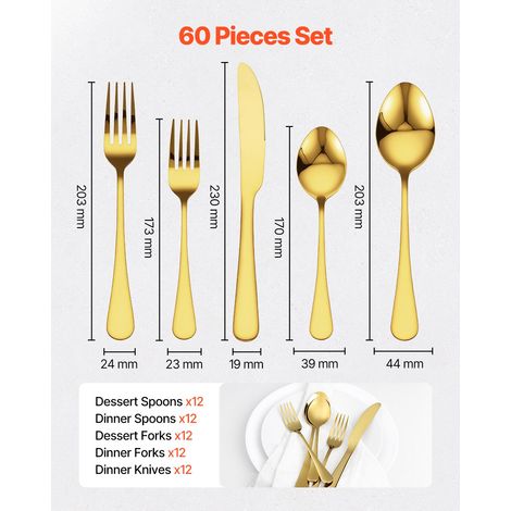 Ménagère 60 pièces, couverts en acier inoxydable de qualité alimentaire, finition miroir, lavables au lave-vaisselle, avec couteau, fourchette, cuillère, pour cuisine, maison, 12 personnes, or (1/5)