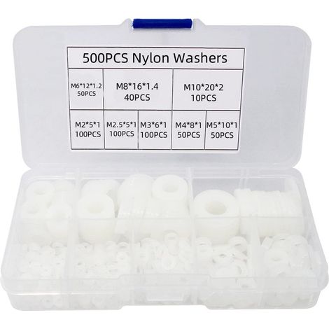 CCYKXA  Rondelle Nylon Entretoise Plastique M2 M2.5 M3 M4 M5 M6 M8 M10 Ronde de Rondelle Plate 500 Pièces