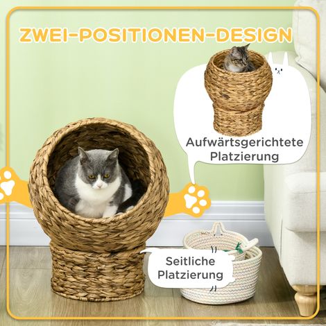 Panier en rotin pour chat, niche avec coussin, maison pour petit animal, lit moelleux en jacinthe d'eau, marron, 40x37x51 cm (1/4)