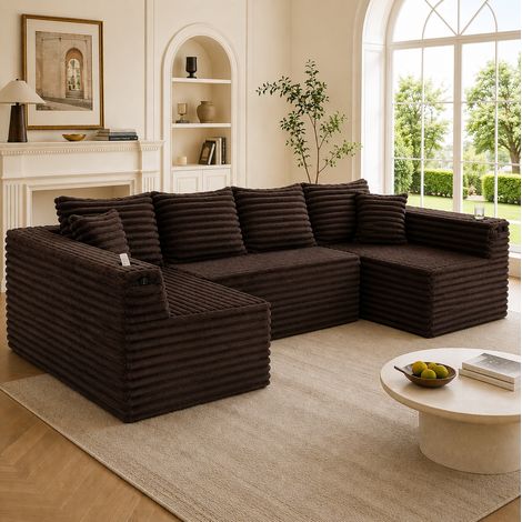 Divano modulare a U 320x155x88 cm, con portabevande, tasca laterale, cuscini inclusi, in cord marrone (1/5)