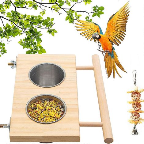 Mangeoire suspendue pour oiseaux avec abreuvoir en acier inoxydable, perchoir et jouet à mâcher (1/4)
