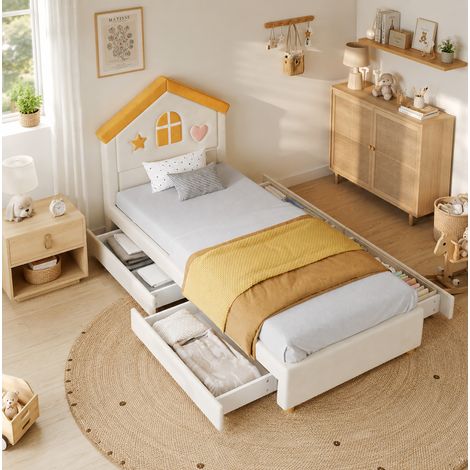 Kinderbett 90x200 cm Beige aus Samt mit Hauskopfteil und 4 Schubladen (1/5)