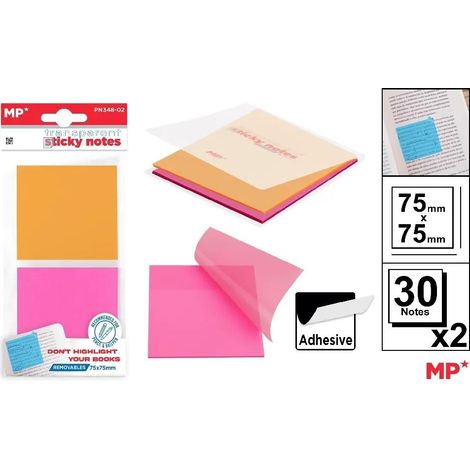 Notas autoadhesivas transparentes de 75x75 mm, 2 x 30 unidades.