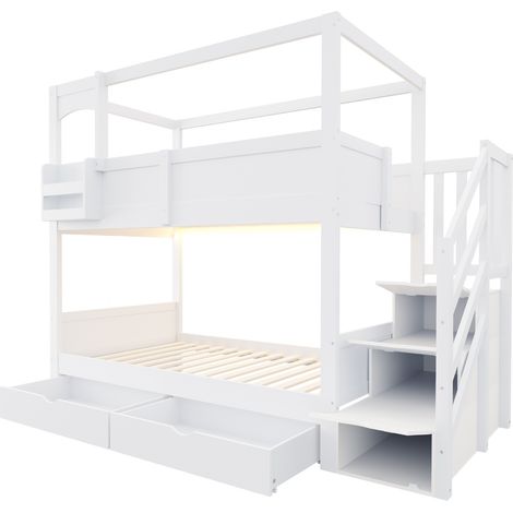 Kinder-Hochbett 90x200 cm Weiß mit Aufstiegsregal, Ablage, Tafel und 2 Schubladen (1/5)