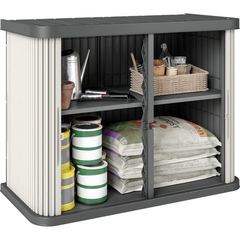 Coffre de Rangement Extérieur 480 L, 2 Niveaux avec Portes Coulissantes Résistant aux UV, 120,5x59,5x92cm, Marron Clair (1/5)