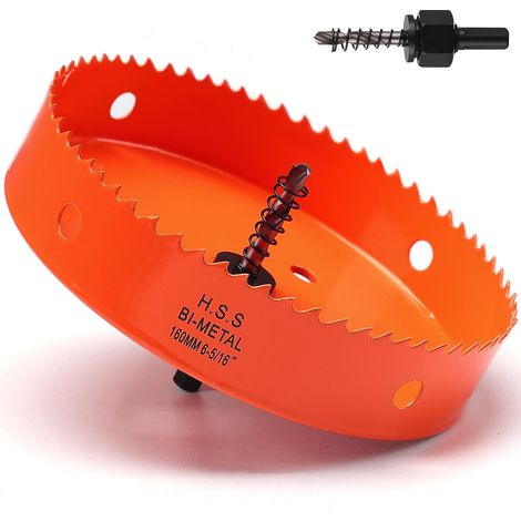 Scie cloche bimétallique de 160 mm, couleur orange, acier rapide HSS M42, scie perforatrice bimétallique, fraise à trou avec tige hexagonale et foret avec une profondeur de coupe de 35 mm pour le bois (1/5)
