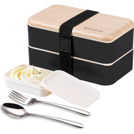 Boîte bento Repas Boîte à Lunch Boîte à Déjeuner gouter Bundle Divider Style Japonais Lunch Box avec Une cuillère et Une Fourchette en Acier Inoxydable (noire)