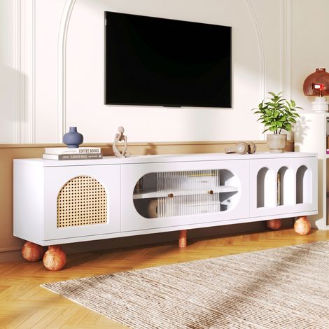 Meuble TV 170x47x37cm avec Porte aspect Rotin et Verre Coulissant Panneau de Particules Moderne Blanc et Bois (1/5)