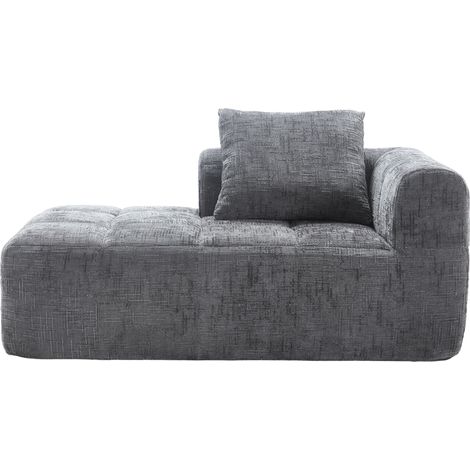 Sofá chaise longue gris de chenilla sin montaje con cojín y bolsillos laterales (1/5)