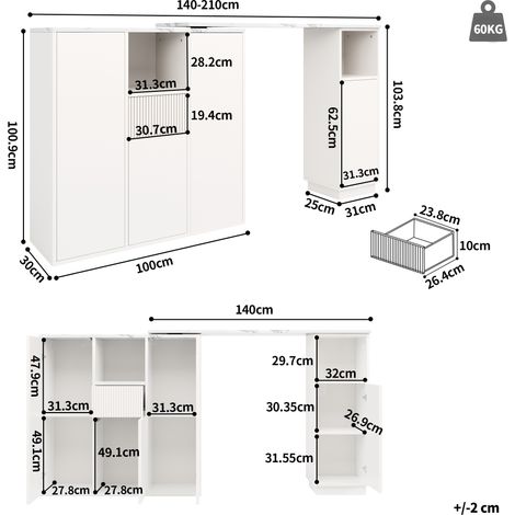 Table bar tournant 360° blanc moderne (corps principal 210 x 30 x 100,9 cm), îlot de rangement multifonctionnel avec plan de travail en marbre et étagères ouvertes, design épuré (1/5)