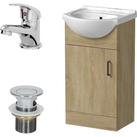 450mm Oak Bathroom Vanity Unit Basin Freestanding Essentials Tap & Waste Set (1/5)