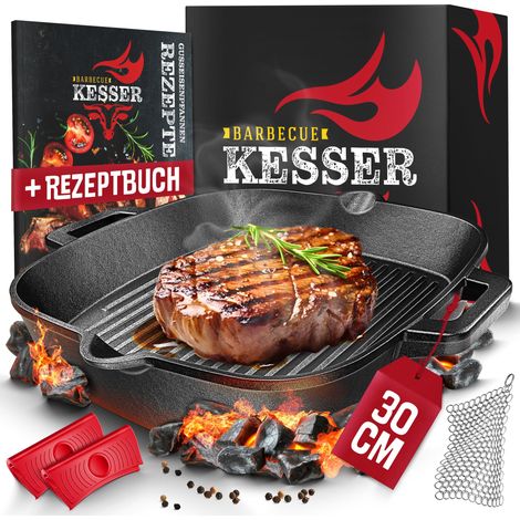 KESSER® Gusseisenpfanne Gusseisen Bratpfanne Induktion Cast Iron Pan für Gasgrill, Backofen, Kohlegrill Steakpfanne voreingebrannt Inkl. Schutzgriffe, Rezeptbuch und Ringreiniger - 30 cm