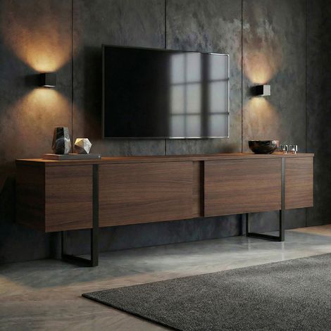 Mueble para TV Abishia, 2 Puertas, 2 Compartimentos, Apertura Abatible, 180x30x50h cm, Marrón Nogal Oscuro (1/5)