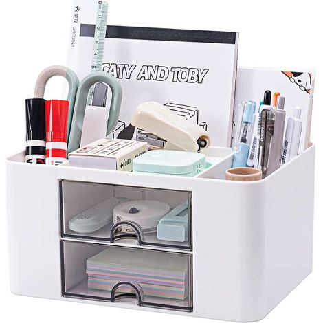 Vielseitiger Schreibtisch-Organizer mit 5 Fächern, 2 Schubladen und multifunktionalen Aufbewahrungsmöglichkeiten – ideal für Büromaterial, Schreibwaren und Accessoires