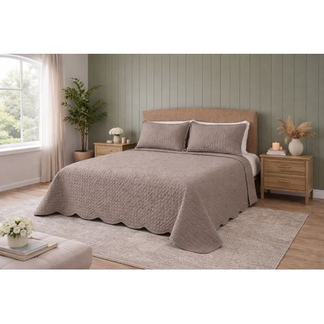 Couvre-lit Venice double matelassé 250x250 taupe, microfibre pêche, matelassage à carreaux, 100 g/m², bord ondulé