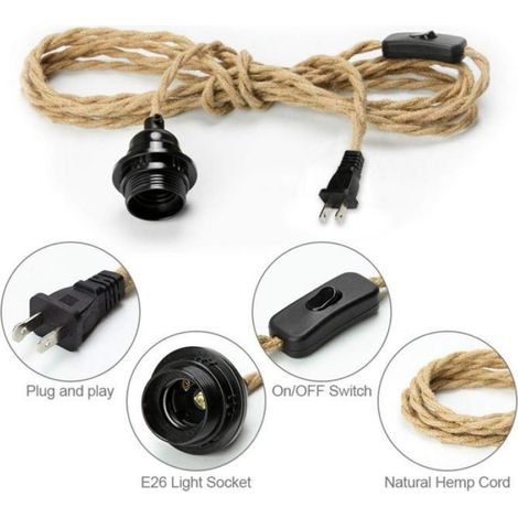 1 Kit suspension, corde chanvre, douille E27, interrupteur intégré, câble 4,6m, intérieur salon cuisine (1/3)