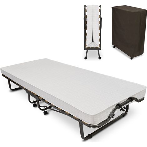 Beautissu – Lit d'appoint pliable 90x200 cm – Matelas mousse 10,5 cm – Sommier à lattes – Charge max 100 kg – 4 roulettes pour transport facile (1/6)