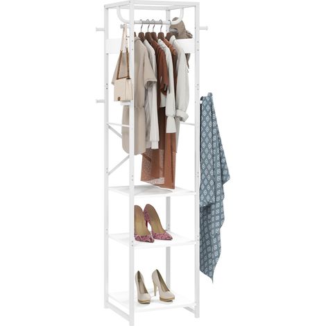 Porte-manteau avec tringle et 2 étagères ouvertes, en bois et acier, 38,5 x 30 x 170 cm, coloris blanc et bois