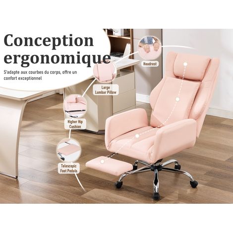 Fauteuil de bureau haut dossier avec appui-tête et soutien lombaire, accoudoirs réglables, repose-pieds, revêtement PU, capacité de charge 136 kg, couleur rose (1/5)