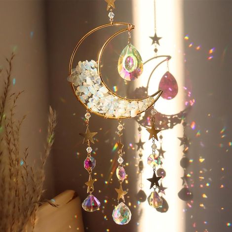 Guance di sole cristalline - Luna sospesa con prismi - Decorazione d'atmosfera per finestre bianche - Porta una luce arcobaleno nei tuoi interni (1/5)