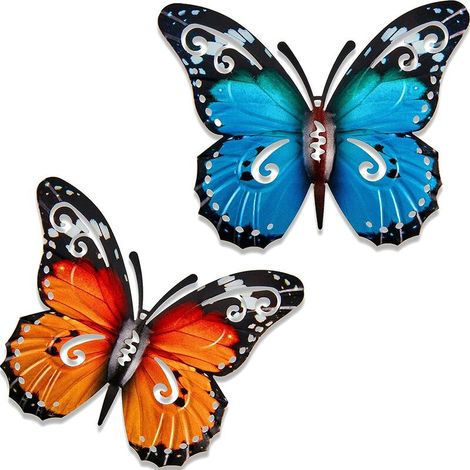 2 Pièces Grandes Décorations de Jardin Papillon en Métal Extérieur Papillon en Métal d'art Mural Extérieur pour Murs Extérieurs Clôtures, 27 x 22 cm (Bleu et Jaune) (1/5)