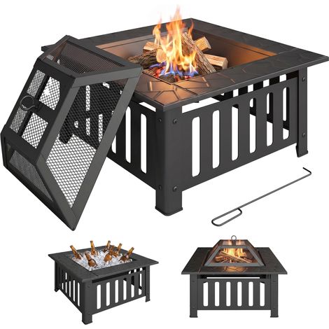 Outsunny brasero exterior de acero cuadrado, 67x67x47 cm, brasero exterior jardín con atizador, tapa de malla, para terraza, camping, fiesta, negro