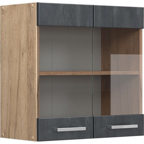Mobile da cucina in vetro R-Line, Calcestruzzo nero, 60 cm, Vicco