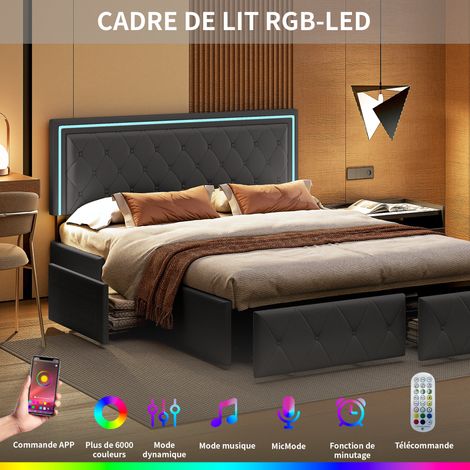 Lit capitonné 160 x 200 cm, recharge USB, tête de lit LED, 4 tiroirs, lit double , lit coffre, cadre de lit jeune, sommier à lattes en bois, sans matelas, gris (1/5)