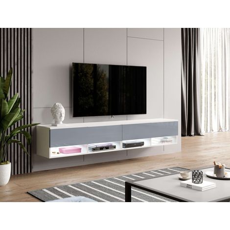 FURNIX Armoire TV ALYX 200 cm Buffet bas moderne blanc/gris brillant