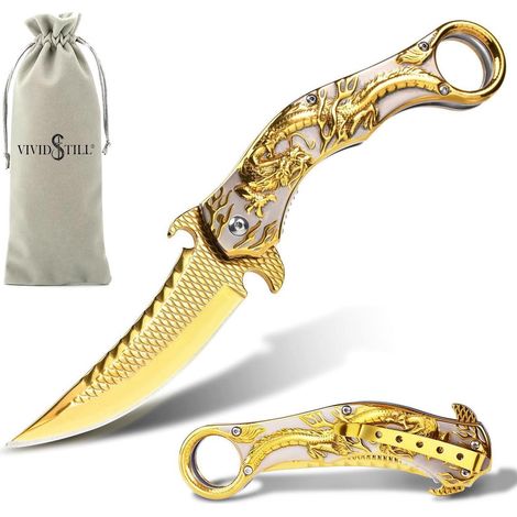 Klappmesser mit 3D Drachen-Prägung, gold, Titan-beschichtet, EDC-Messer für Outdoor