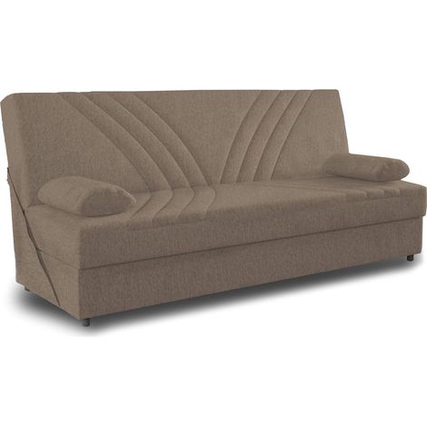 Dmora Divano letto Ramon, Divano letto contenitore a 3 posti con 2 cuscini inclusi, Sofà da soggiorno in tessuto imbottito con apertura click-clack, Cm 181x81h88, Beige, con imballo rinforzato (1/5)