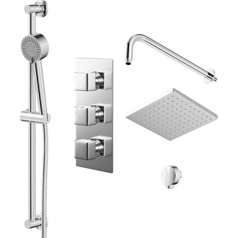 Cubix Polished Chrome Triple Thermostatic Valve Mixer Shower with Square Fixed Head and Tyne Shower Slide Rail Kit - 2 Outlet (1/5)